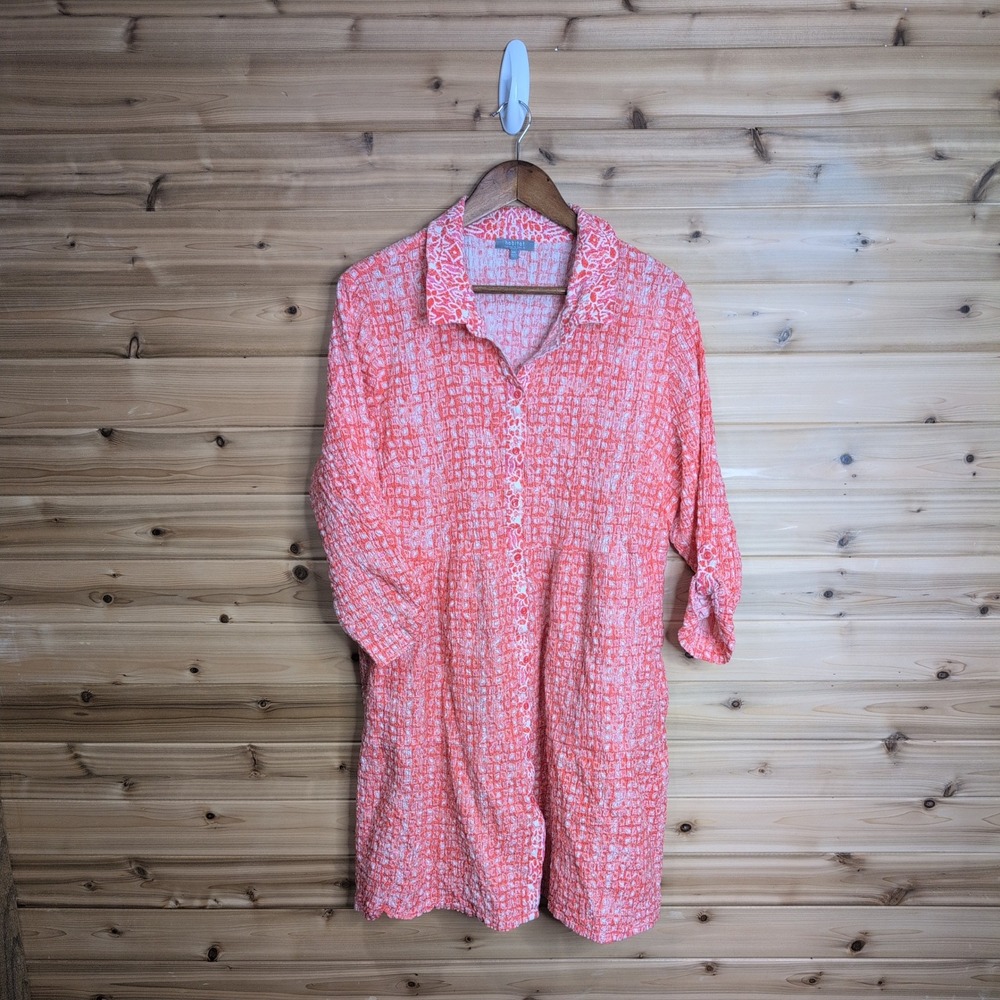 Habitat Clothes to Live In Coral Pink Seersucker Button Front Tunic Dress XXL